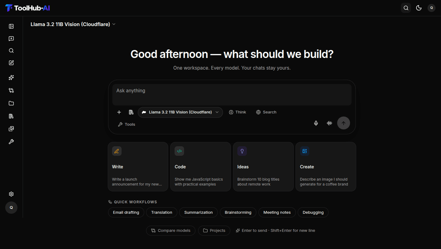 ToolHub AI workspace in dark mode — chat with any model, attach files, and pick workflows