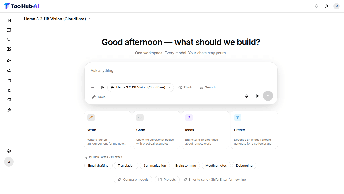 ToolHub AI workspace — chat with any model, attach files, and pick workflows