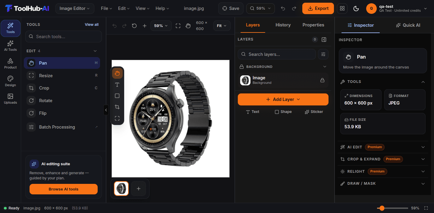 ToolHub image editor in dark mode — layers, canvas, and inspector with AI editing tools