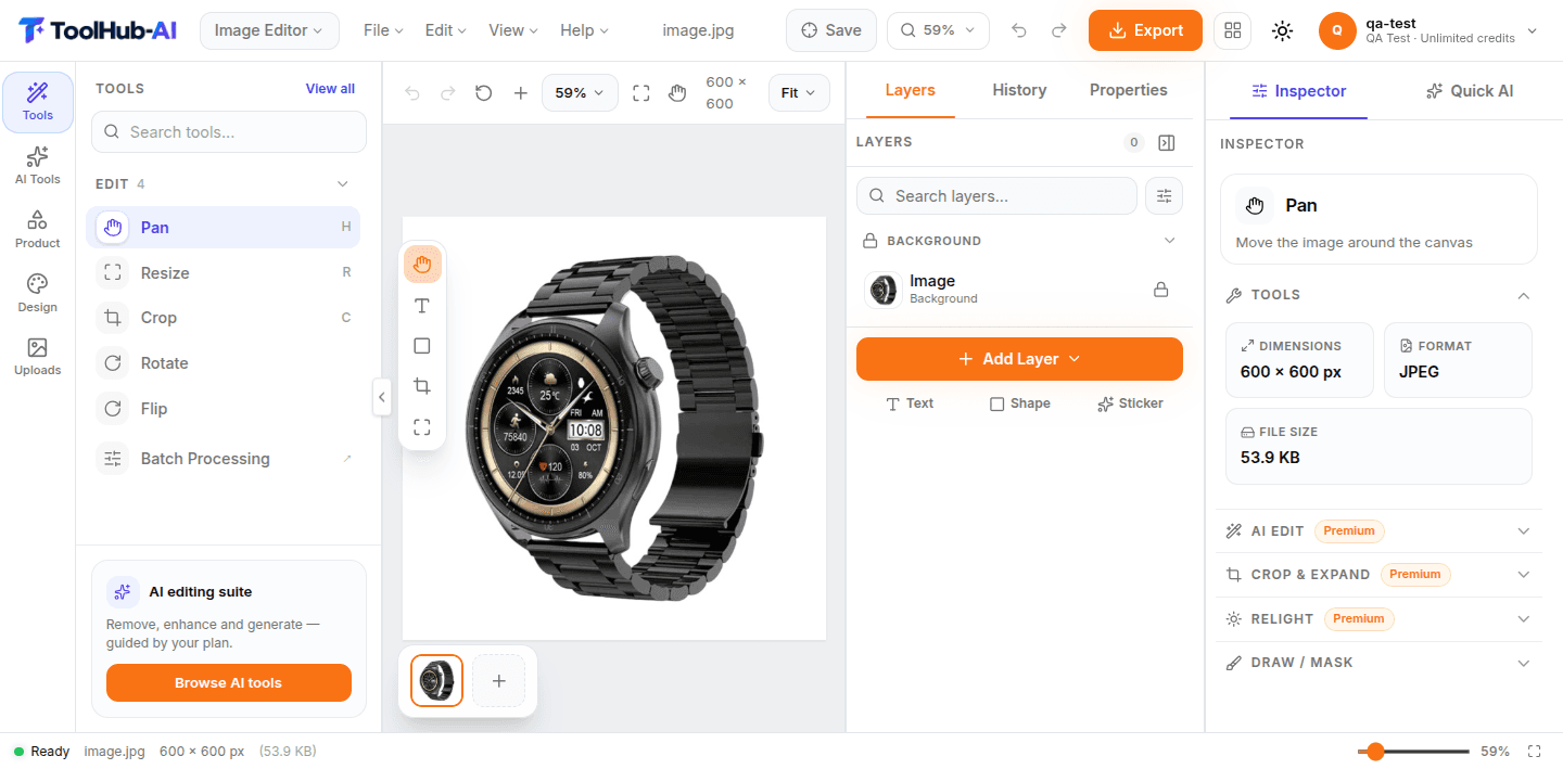 ToolHub image editor — layers, canvas, and inspector with AI editing tools